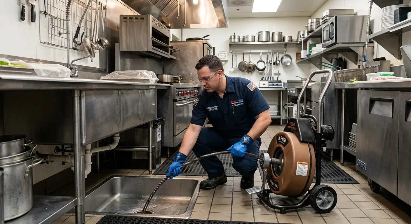 Commercial drain cleaning service in a restaurant kitchen in Brookings