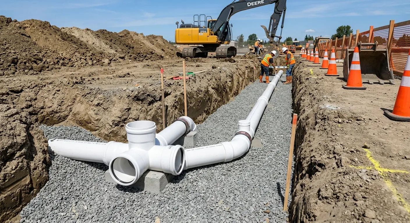 New PVC sewer pipe installation in open trench for Commercial Drain Cleaning in Brookings
