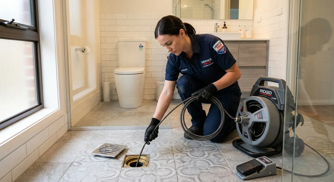 Technician clearing a bathroom floor drain for Drain Cleaning in Brookings
